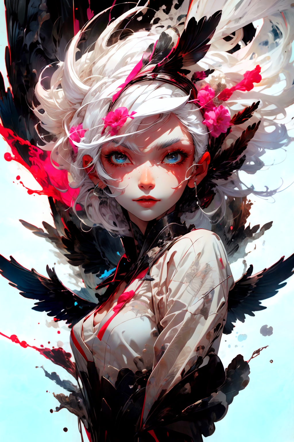 fallen angel, black wings, mystic, divine, otherly world, (white hair:1.2), 
<lora:more_details:0.55>
 <lora:Cosmic anime-oil fusion v2:0.6> 
<lora:AnimeVibesV3:0.2> animevibes, 
<lora:3DMM_V11:0.5> 3DMM 
<lora:midjourney_20230624181825:0.6> midjourney ,
 <lora:LAS:0.35> colorful, clouds, 
<lora:msw_locon-t2:0.75>
 <lora:wuxia2:0.6> gu, shiny, shiny hair, shiny skin, shiny clothes