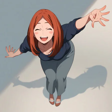 <lora:SlimesUrarakasMom:1>, score_9, score_8_up, score_7_up, slimes_urarakasmom, woman, solo, smiling, surprised, eyes closed, full body, closeup, hands behind, leaning forward, looking at viewer