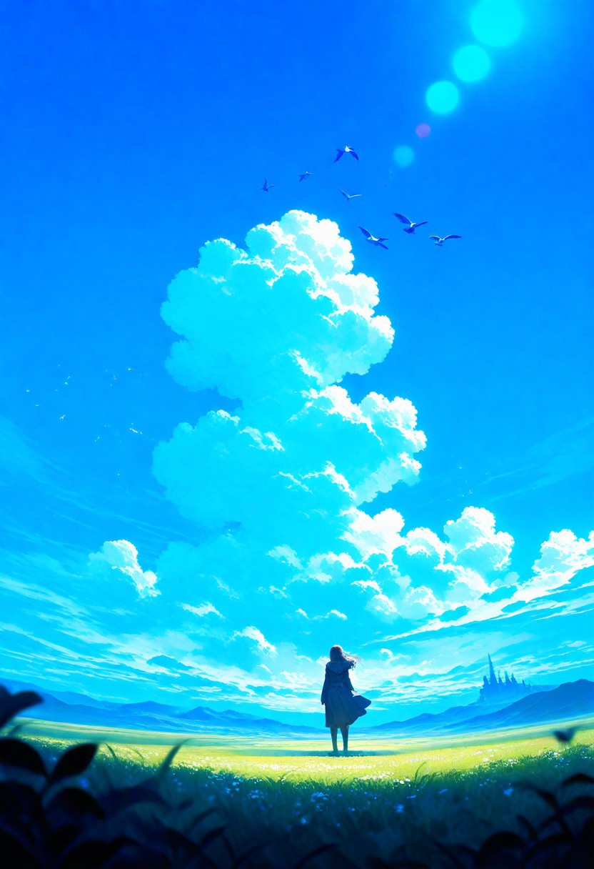 masterpiece, best quality, good quality, very awa, firedotinc, 1girl, the four warriors of light, final fantasy, standing, lens flare, horizon, from behind, cumulonimbus cloud, scenery, outdoors, blue sky, dutch angle, depth of field, cloud, bird, flock, star (sky), landscape, castle, (((masterpiece,best quality,newest,absurdres,highres)))