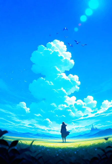 masterpiece, best quality, good quality, very awa, firedotinc, 1girl, the four warriors of light, final fantasy, standing, lens flare, horizon, from behind, cumulonimbus cloud, scenery, outdoors, blue sky, dutch angle, depth of field, cloud, bird, flock, star (sky), landscape, castle, (((masterpiece,best quality,newest,absurdres,highres)))