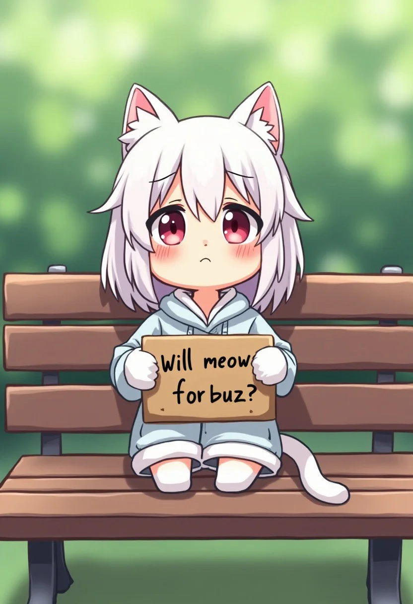 A sad cute kawaii catgirl with white hair sitting on a park bench holding a sign, that reads "Will meow for buzz"