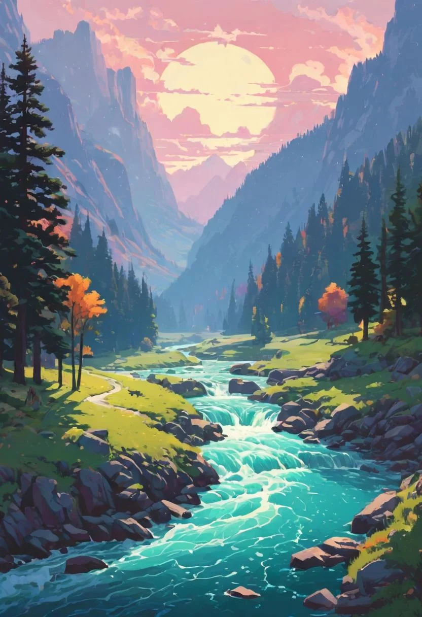 The great river of ill omens, realistic, by Alena Aenami and [James Gilleard|Mark Lovett] in the style of [Shahab Alizadeh:Thomas Kinkade:0.25]