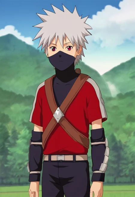 youngkakashi, solo, solo focus, 1boy, lean body, wear red shirt, unbuttoned shirt, wear black shorts, outdoor, sunny day, clear sky