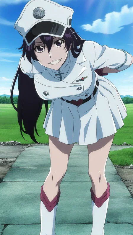 source_anime, masterpiece, best quality, amazing quality, anime screencap, high quality, 8k, absurdres, official style, 1girl, solo, looking at viewer, standing, hands behind back, leaning, smile, teeth, day, <lora:Bambietta_Basterbine_iL:1>, b4mb13tt4 b45t3rb1n3, black hair, purple eyes, long hair, hair between eyes, sternritter outfit, skirt, belt, no cloak, jacket, undershirt, knee boots, gloves, military uniform, hat,