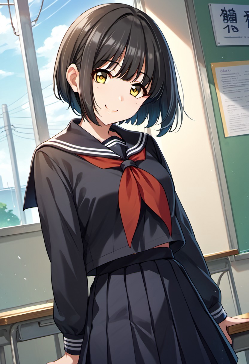 score_9, score_8_up, score_7_up, source_anime, takafuji kako, black hair, yellow eyes, short hair, 1girl, school uniform, solo, serafuku, skirt, black serafuku, smile, black skirt, neckerchief, red neckerchief, looking at viewer