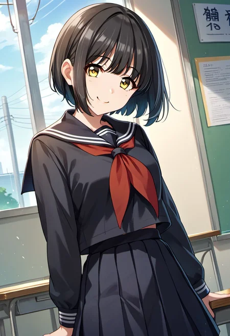 score_9, score_8_up, score_7_up, source_anime, takafuji kako, black hair, yellow eyes, short hair, 1girl, school uniform, solo, serafuku, skirt, black serafuku, smile, black skirt, neckerchief, red neckerchief, looking at viewer
