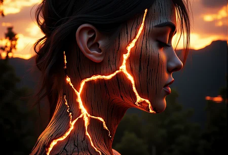A close-up of a young woman whose skin is gently intertwined with glowing wooden textures that cast a soft, delicate glow, her eyes open and captivating, her hair flowing softly|A close-up of a tree with ember-like veins glowing faintly against a fiery twilight sky, with wooden veins flickering softly, glowing subtly in a few sections}|A wide-angle shot of a majestic deer standing in a glowing forest, its antlers subtly adorned with glowing wooden cracks}|A panoramic view of a glowing wooden temple at dusk, with parts of the wooden structure softly glowing, casting gentle light onto the surroundings}|A massive dragon flying over a mountain range at twilight, its scales partially transformed into glowing wooden textures, veins of soft embers flickering across its body|A mythical phoenix rising from glowing wooden ashes, its wings merging with soft, glowing wooden veins, radiating warmth as it soars}} Epic cinematic lighting, soft glowing wood textures, subtle embers, dramatic shadows, backlit glow, high contrast, lens flare, deep focus, ultra-realistic details, vivid colors, high dynamic range, volumetric lighting, breathtaking scale, photorealism, hyper-sharp focus, intricate details, stunning cinematic atmosphere. , <lora:bv-glowing-wood-v1.safetensors:1.0:1.0>