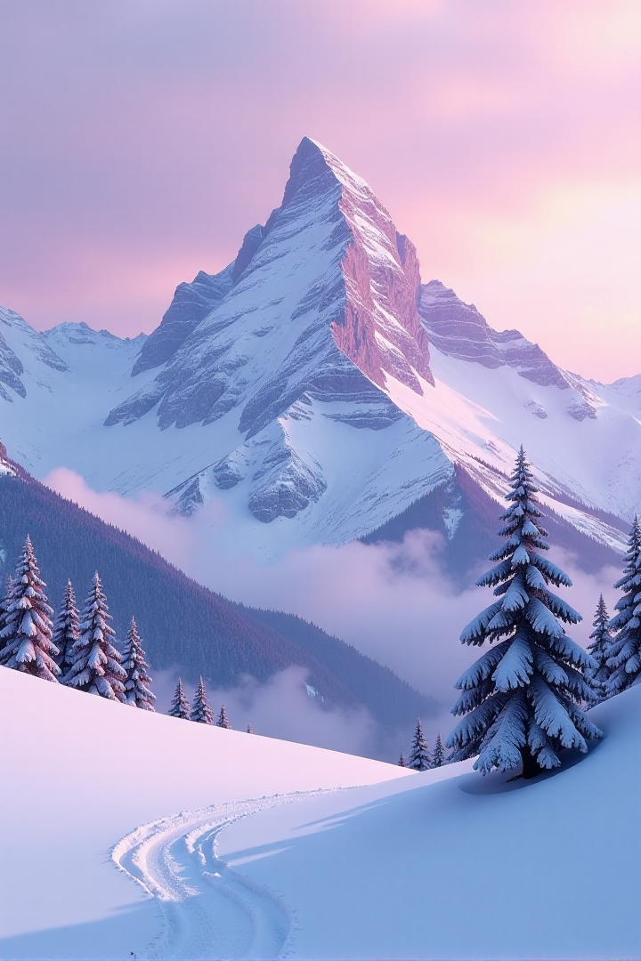 a snow covered mountain with a lone tree in the foreground, keisuke goto, gradient light purple, leading to a beautiful, sparse, carpathian mountains, awarded winning photo, beautiful avatar pictures, pink hues, gentle shadowing, in a desolate, images, <lora:Landscapes_II:0.8>âââ