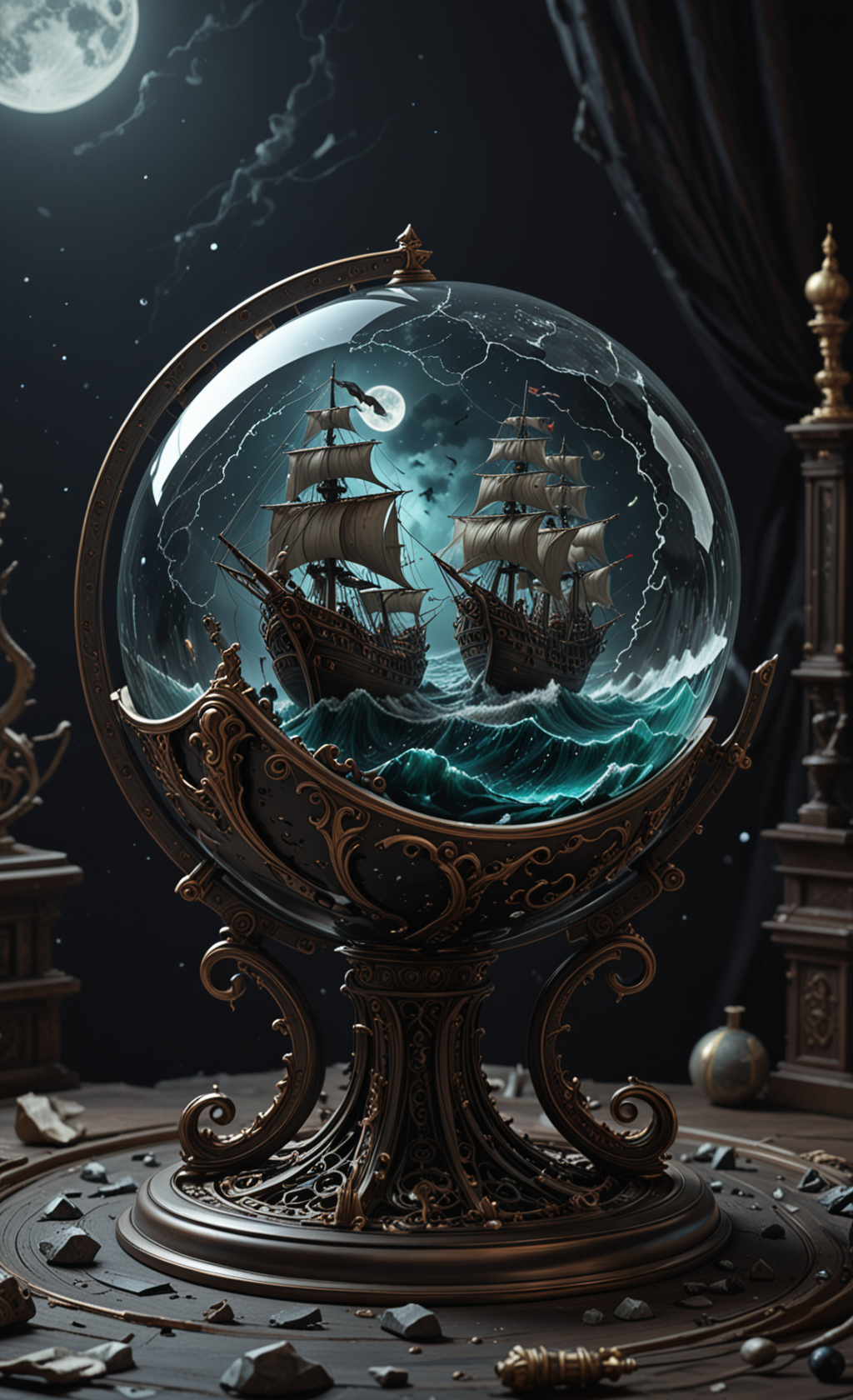 A  glass sphere sculpture, concealed inside the sphere is a large Pirate Ship in a Lightning storm, large waves, in the dark, detailed image, 8k high quality detailed, the moon, shaped sphere, amazing wallpaper, digital painting highly detailed, 8k UHD detailed oil painting, beautiful art UHD, focus on full glass sphere, bokeh,  background Modifiers: extremely detailed Award winning photography, fantasy studio lighting, photorealistic very attractive beautiful imperial colours ultra detailed 3D, (Very Intricate), UHD, <lora:3D_Framed_Wall_Art_-_By_DICE:1>, (3D Framed, Macabre)