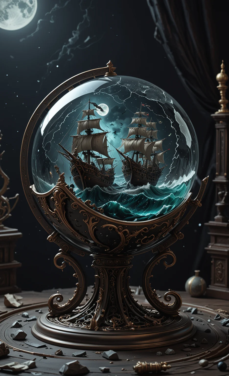 A glass sphere sculpture, concealed inside the sphere is a large Pirate Ship in a Lightning storm, large waves, in the dark, detailed image, 8k high quality detailed, the moon, shaped sphere, amazing wallpaper, digital painting highly detailed, 8k UHD detailed oil painting, beautiful art UHD, focus on full glass sphere, bokeh, background Modifiers: extremely detailed Award winning photography, fantasy studio lighting, photorealistic very attractive beautiful imperial colours ultra detailed 3D, (Very Intricate), UHD, <lora:3D_Framed_Wall_Art_-_By_DICE:1>, (3D Framed, Macabre)