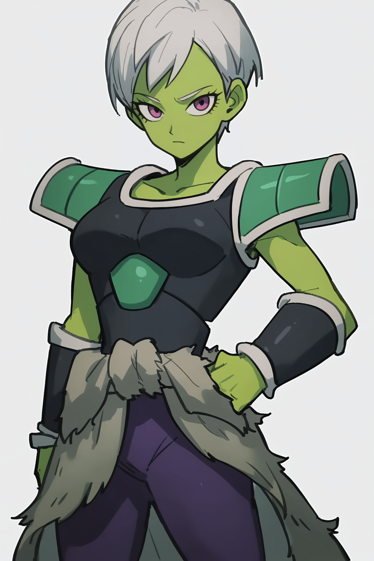 source_anime, score_9, score_8_up, score_7_up, anime screencap, absurdres,
cheelai, official style, broly armor, 1girl, solo, breasts, looking at viewer, short hair, medium breasts, closed mouth, purple eyes, white hair, colored skin, green skin, scouter, collarbone, shoulder armor, two tone topwear, saiyan armor, bracer, two tone armwear, pantyhose, purple legwear, pelt, hand on hip, simple background, white background, cowboy shot
<lora:cheelai_pony_v1:0.8>