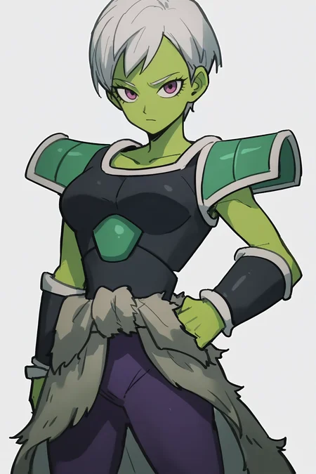 source_anime, score_9, score_8_up, score_7_up, anime screencap, absurdres,
cheelai, official style, broly armor, 1girl, solo, breasts, looking at viewer, short hair, medium breasts, closed mouth, purple eyes, white hair, colored skin, green skin, scouter, collarbone, shoulder armor, two tone topwear, saiyan armor, bracer, two tone armwear, pantyhose, purple legwear, pelt, hand on hip, simple background, white background, cowboy shot
<lora:cheelai_pony_v1:0.8>