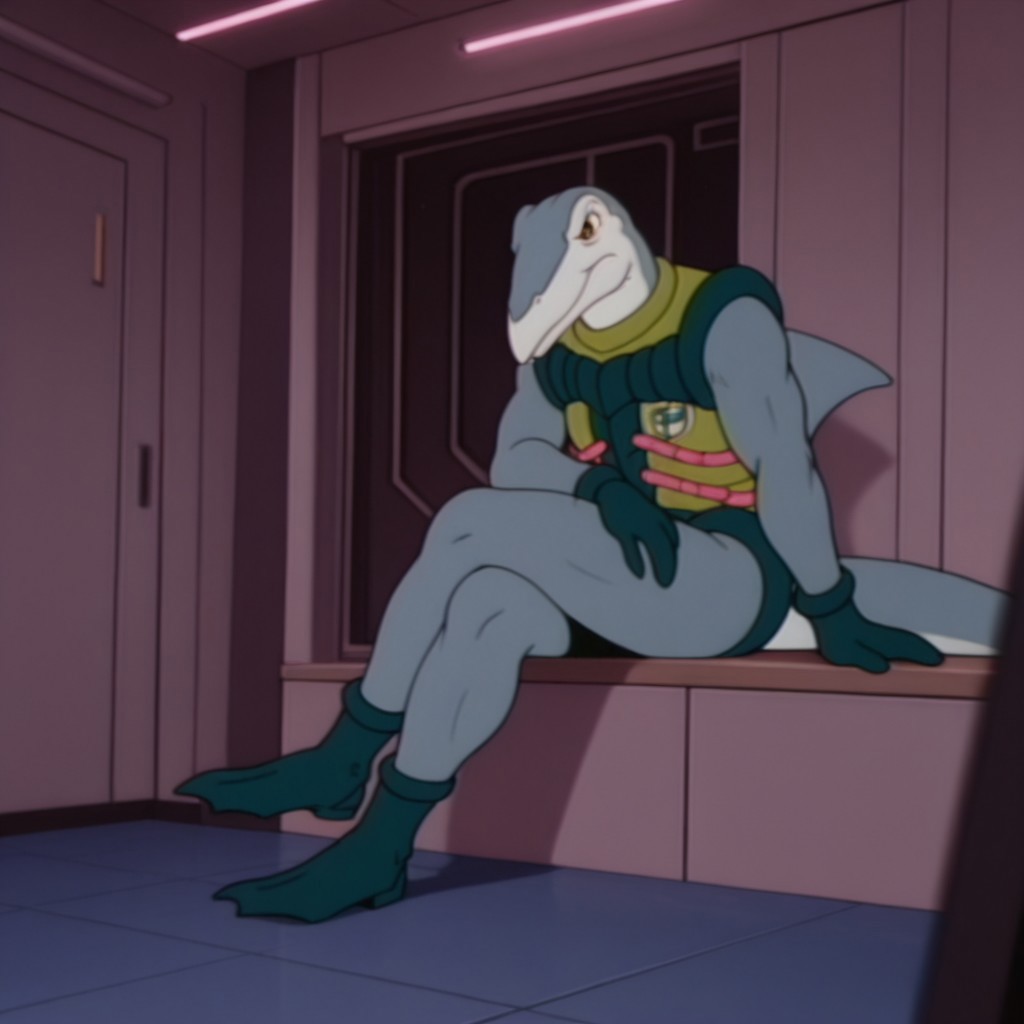 masterpiece, best quality, amazing quality, IchyDsIl, anthro, male, Ichthyosaurus, grey skin, brown eyes, green bodysuit, dark green trim, pink hoses, dark green gloves, dark green boots,  inside, tail, solo, full body, sitting, crossed leg,