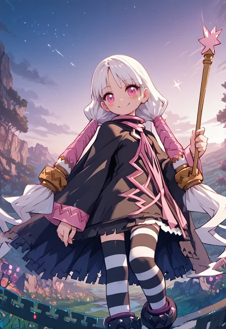 score_4,score_5,score_6,score_7_up,score_8_up,score_9 ((masterpiece,best quality,ultra detailed,highres,HD,4k:1.2)),
1 girl, solo,solo focus,girl focus,face focus,
white hair,very long hair,high twintails,low twintail,long sidelocks,pink eyes,
long sleeves,dress,cape,wide sleeves,striped thighhighs,boots,tie,
holding wand,
smile,blush,