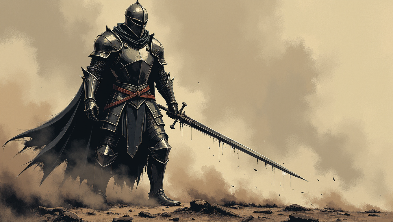 d4rkc0mic . A spectral knight clad in ancient crusader armor roams a desolate battlefield, his form flickering like a ghost. His sword, once a symbol of righteousness, now drips with ethereal blood. The air around him is cold, and his eyes burn with an unfulfilled purpose
  <lora:dark-comic:0.8>