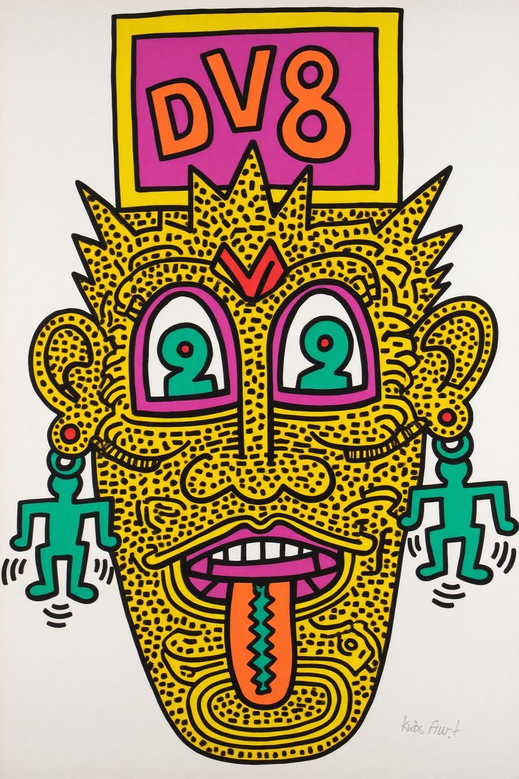 keithharing1 
A pop art illustration of a face mask with swirling yellow patterns, large red eyes, orange tongue, and exaggerated features.  The mask has tow human figure shaped green earrings. There is a sign on the mask's forehead that says "DV8"
 <lora:keithharing1_cap_d6a3:1.0><lora:834322213852298162:0>