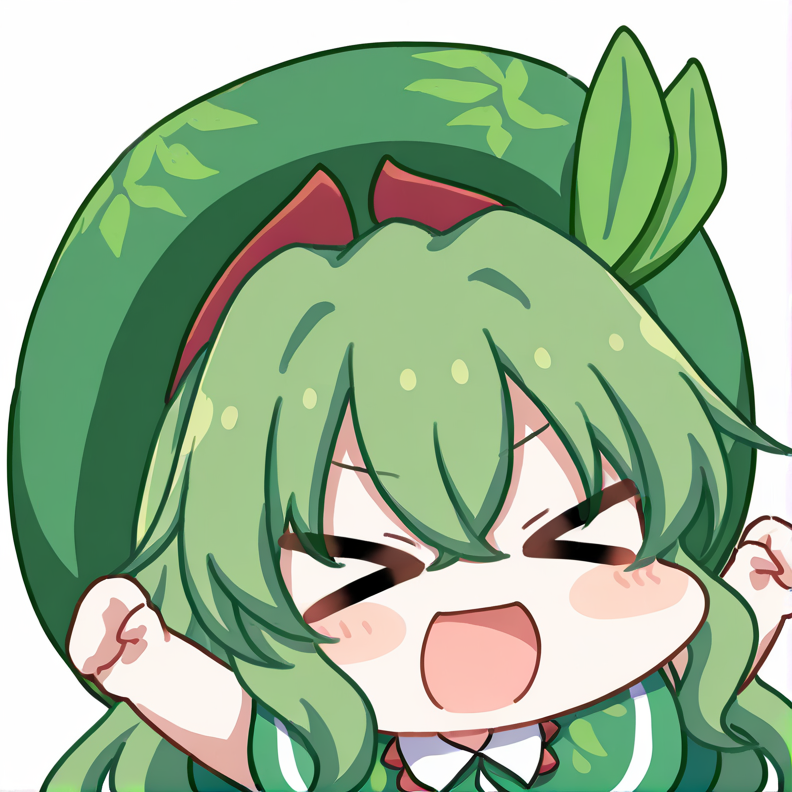 <lora:Seoi_Ha_ç¬ç¬è_Touhou_shizenyu_æ±æ¹èªç¶ç__Illustrious-XL_Lora:1>, touhou shizenyu, seoi ha,  green hat,leaf on head,green hair,green eyes,green capelet,green dress,collared dress,blue sash,
white background, ((smile)), happy, <lora:oldstore:1>,masterpiece,best quality,
,,chibi, ,1girl,solo, simple background, meme,upper_body,solo, open mouth, focus on face, (((arms_stretch up), ((> <)))), feng