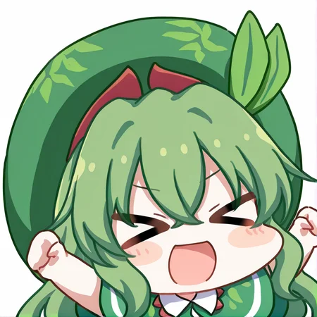 <lora:Seoi_Ha_ç¬ç¬è_Touhou_shizenyu_æ±æ¹èªç¶ç__Illustrious-XL_Lora:1>, touhou shizenyu, seoi ha, green hat,leaf on head,green hair,green eyes,green capelet,green dress,collared dress,blue sash,
white background, ((smile)), happy, <lora:oldstore:1>,masterpiece,best quality,
,,chibi, ,1girl,solo, simple background, meme,upper_body,solo, open mouth, focus on face, (((arms_stretch up), ((> <)))), feng