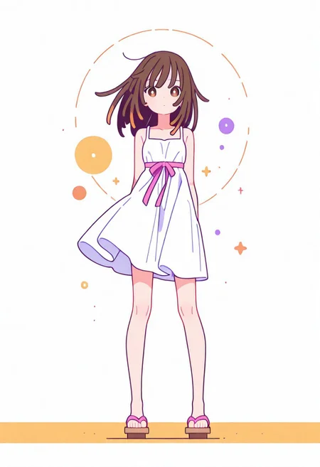 Flatline, Flat vector illustration, looking at viewer, full_body,
nadeko, long hair, long bangs, brown hair, white dress, sundress, ribbon, bare shoulders,
slim, slender, knees, long legs, beautiful legs, barefoot, geta wooden sandals,
from front, front view, straight-on, look at viewer, standing, (legs apart:1.4),
white background,