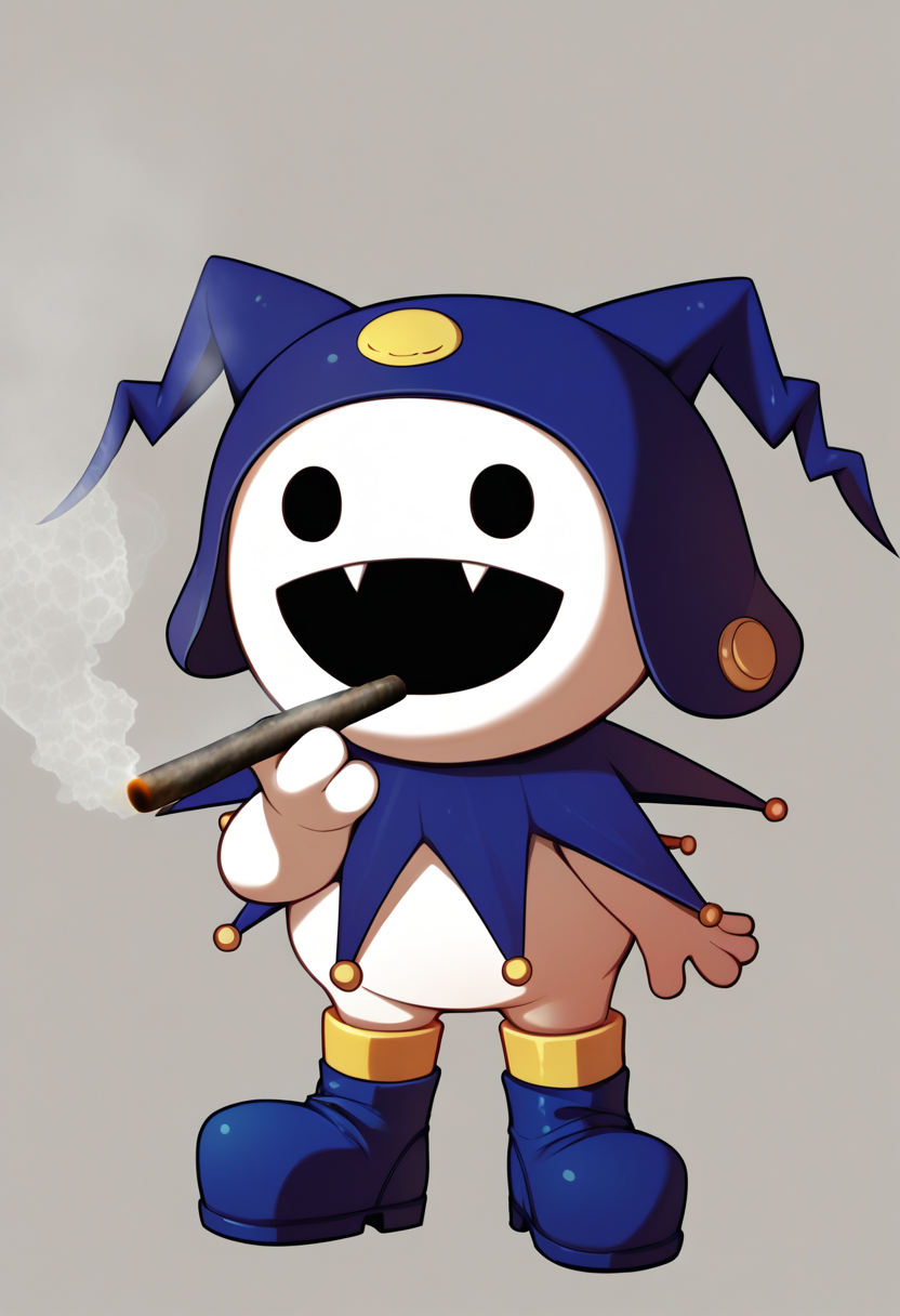 score_9, score_8_up, score_7_up, source_anime BREAK solo, no humans,   <lora:Jack-Frost-pdxl_Fp-000006:1>, jackfrostsmt, creature, white skin, solid oval eyes, :d, fangs, jester cap, blue footwear, chibi  <lora:Stoned-pdxl_Fp:1>, stoned, smoking, smoke