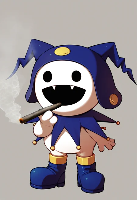 score_9, score_8_up, score_7_up, source_anime BREAK solo, no humans, <lora:Jack-Frost-pdxl_Fp-000006:1>, jackfrostsmt, creature, white skin, solid oval eyes, :d, fangs, jester cap, blue footwear, chibi <lora:Stoned-pdxl_Fp:1>, stoned, smoking, smoke
