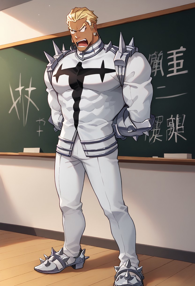 score_9, score_8_up, score_7_up, gamagori_ira, bara, blonde hair, dark skin, short hair slicked back, earrings, muscular, thick neck, honnoji uniform, collar, white outfit, white pants, gauntlets, spikes, shoulder spikes, chest insignia, spiky shoes, full body, screaming, arms behind back, kill la kill, classroom background, blackboard