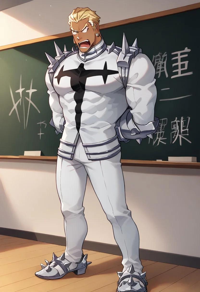 score_9, score_8_up, score_7_up, gamagori_ira, bara, blonde hair, dark skin, short hair slicked back, earrings, muscular, thick neck, honnoji uniform, collar, white outfit, white pants, gauntlets, spikes, shoulder spikes, chest insignia, spiky shoes, full body, screaming, arms behind back, kill la kill, classroom background, blackboard