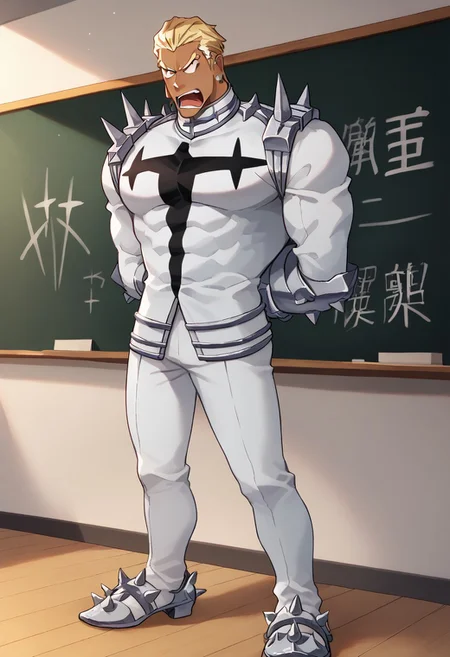 score_9, score_8_up, score_7_up, gamagori_ira, bara, blonde hair, dark skin, short hair slicked back, earrings, muscular, thick neck, honnoji uniform, collar, white outfit, white pants, gauntlets, spikes, shoulder spikes, chest insignia, spiky shoes, full body, screaming, arms behind back, kill la kill, classroom background, blackboard