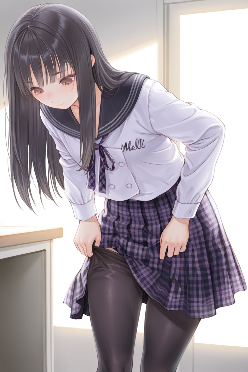masterpiece, best quality, amazing quality,
 <lora:Mellco_IL:1> mellco, 1girl, solo, long hair, dark school uniform, skirt, pantyhose, serafuku, black hair, bangs, looking down, brown eyes, plaid skirt, plaid, dressing, black pantyhose, long sleeves, sailor collar,