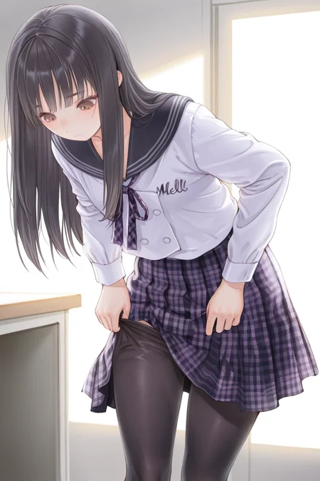 masterpiece, best quality, amazing quality,
 <lora:Mellco_IL:1> mellco, 1girl, solo, long hair, dark school uniform, skirt, pantyhose, serafuku, black hair, bangs, looking down, brown eyes, plaid skirt, plaid, dressing, black pantyhose, long sleeves, sailor collar,