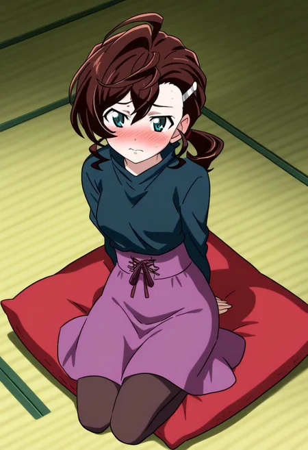 1girl,Inuyama Mana,GeGeGe no Kitarou,year 2019,solo,tatami room,nervous,hand in own hair,seiza on crimson (floor cushions:1.5),(lavenderblush skirt:1.5),(Lace-up:1.2) (high-waist:1.5) skirt,blue eyes,1 hair tie,Ahoge,(wavy hair),(Brown:1.5) medium hair,swept bangs and (hair pulled back:1.2),(low ponytail),hair between eyes,(single hair intake:1.5),sideburns,long sleeves,(Loose high-neck) topwear,(black topwear),pantyhose,1 silver hairpin,masterpiece, best quality, very aesthetic, absurdres