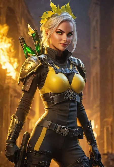 Evil female Mistletoe Mercenary, yellow team, smirk, glowing, vivid, extremely beautiful glowing piercing eyes, cinematic scene, hero view, action pose, scenery, detailed background, masterpiece, best quality, high quality, absurdres