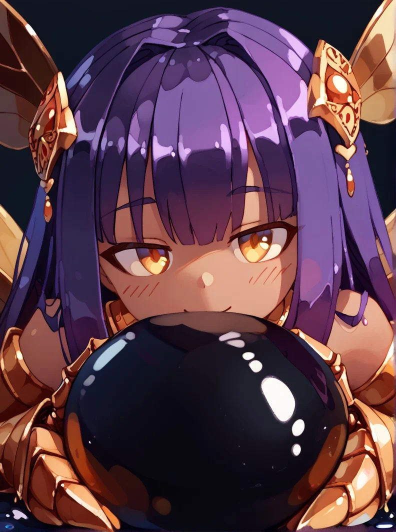 (expressive eyes), (Masterpiece), 1girl, (rtil artstyle), Khepri, arthropod limbs, dark skin, gold, beetle wings, purple hair, head ornament, Slime ball, girl on slime, opaque slime, black slime, close up, (score_9, score_8_up, score_7_up), <lora:V5.1_retrain:1.0>
