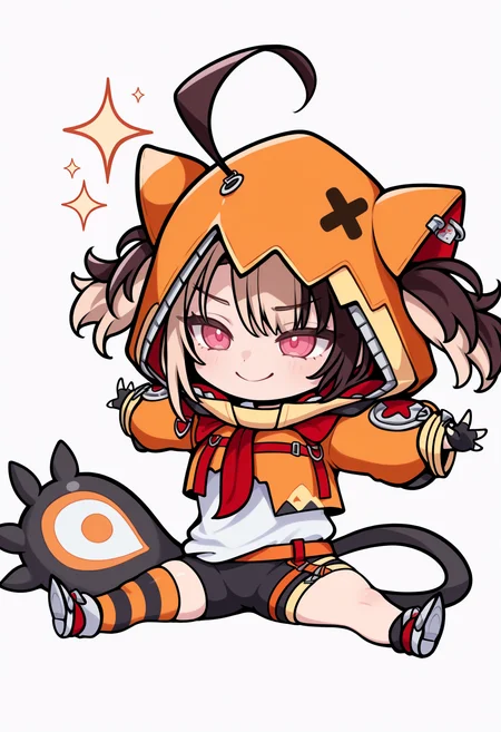 masterpiece, best quality, 1girl, solo, GigiBase, pink eyes, multicolored hair, short twintails, ahoge, animal hood, hood up, orange jacket, cropped jacket, white shirt, black gloves, fingerless gloves, black shorts, single thighhigh, striped thighhigh, tail, lineart, sitting, on floor, smile, sparkles, spread arms, chibi, meme, thick lines, simple background, white background, <lora:ChamGigiMurinIllustriousXL:1>
