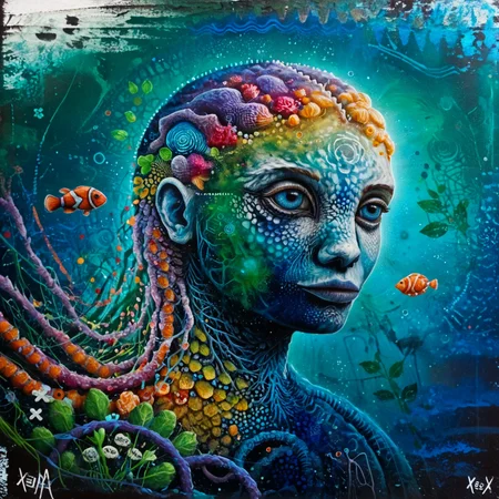 score_9,score_8_up,score_7_up,al_pt, acrylic paint (medium),surreal,colorful, wild, abstract,portrait, animal focus, no human,TheWeirdies, abstract painting that captures the bizarre and mesmerizing essence of a fantastical aquatic creature. Use a surreal, iridescent palette of luminous blues, vivid teals, electric purples, and shimmering silvers. Depict the weird aquatic animal with exaggerated, otherworldly features such as swirling tentacles, phosphorescent fins, or translucent, gelatinous bodies, blending real and imaginary elements.
Surround the creature with a dynamic underwater environment filled with abstract coral formations, swirling currents, and bioluminescent particles. Incorporate fluid, organic shapes and patterns that mimic the flow of water and the undulating movement of marine life. Use contrasting textures and layers to suggest depth and mystery, allowing parts of the creature to merge with or dissolve into the vibrant, chaotic seascape. Aim for a composition that feels surreal and dreamlike, evoking the strange beauty and intrigue of a fantastical ocean world. Let your intuition and imagination guide you to create a piece that transports viewers to a mesmerizing, alien underwater realm