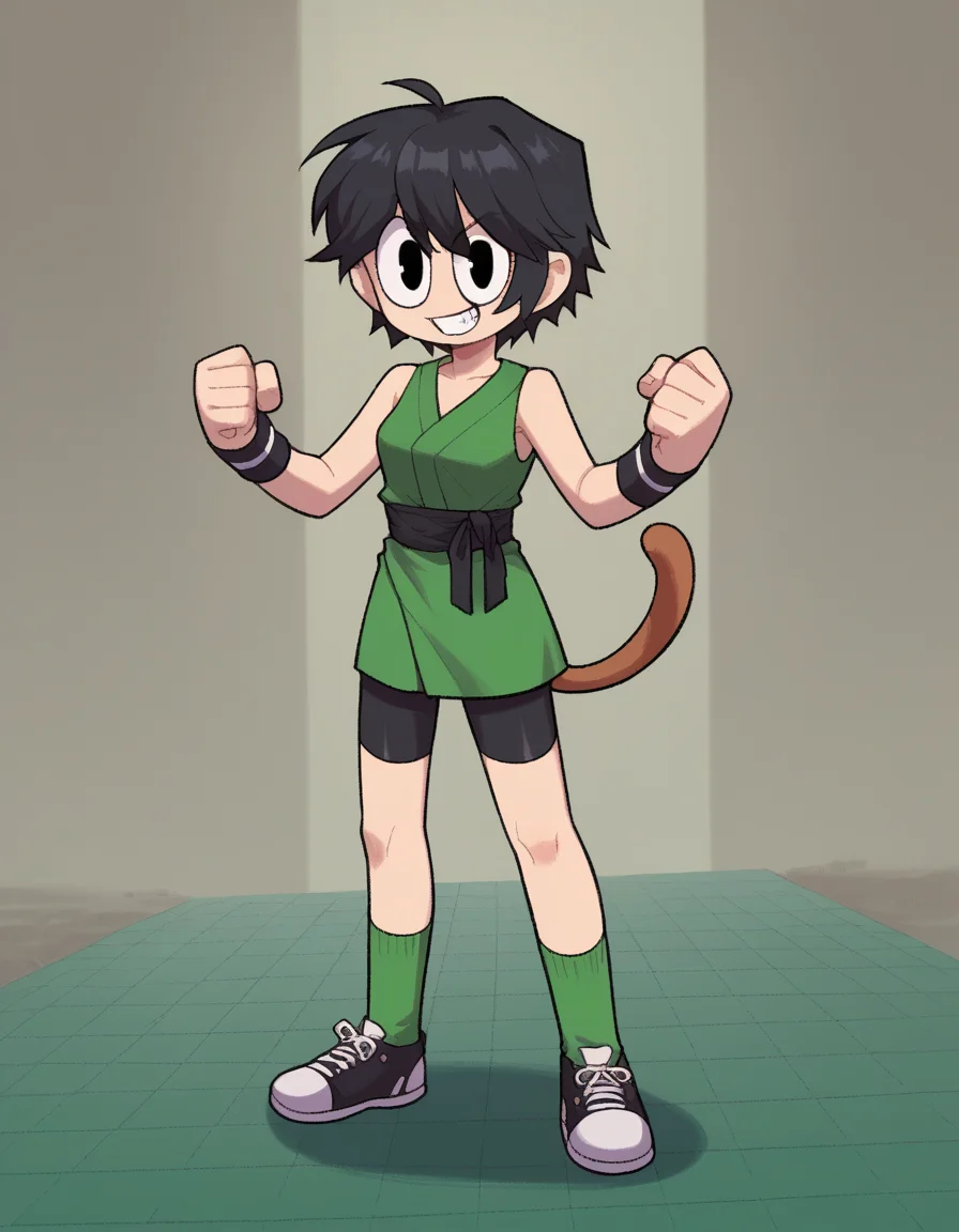 zPDXL, score_9, score_8_up, score_7_up, source_anime, 4k, absurdres, 1girl, solo,
<lora:CWew:1> cwew, green dogi, black sash, bike shorts, green socks, black sneakers, black wristbands, black cuffs, martial artist, looking at viewer, grin, flex,, <lora:Parsleah_v1:0.6> parsleahbase, black hair, short hair, black eyes, (monkey tail), small breasts, brown tail,