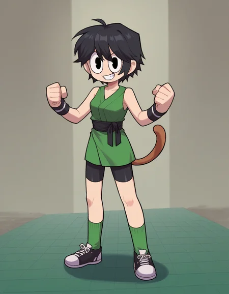 zPDXL, score_9, score_8_up, score_7_up, source_anime, 4k, absurdres, 1girl, solo,
<lora:CWew:1> cwew, green dogi, black sash, bike shorts, green socks, black sneakers, black wristbands, black cuffs, martial artist, looking at viewer, grin, flex,, <lora:Parsleah_v1:0.6> parsleahbase, black hair, short hair, black eyes, (monkey tail), small breasts, brown tail,