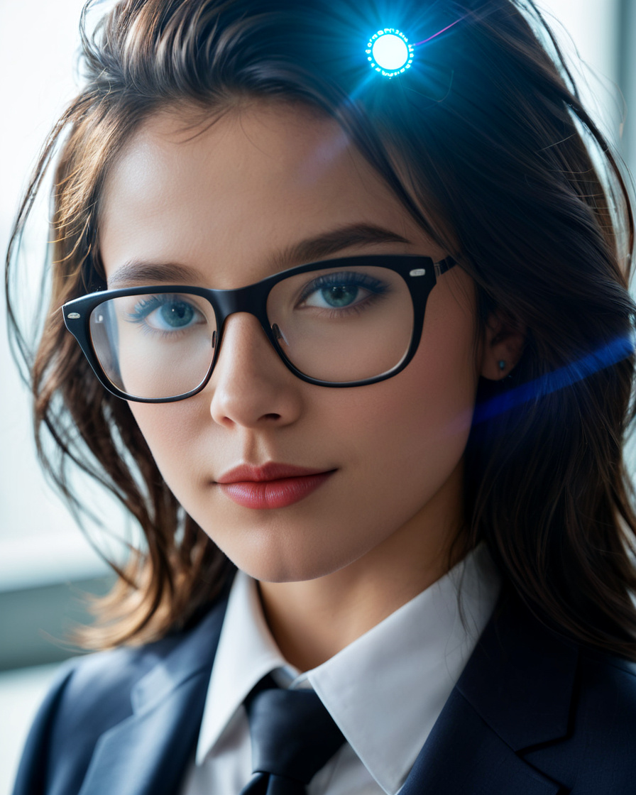 score_9, score_8_up, score_7_up, realistic,   <lora:ccbelle_v1:0.5>, Professional photo. 1Girl. Curious expression, eyes focused on data, laboratory setting with digital screens. Nerdy hair style. Soft highly detailed beautiful expressive eyes, smooth skin with a slight glow under artificial light. Sleek smart-casual attire with futuristic digital glasses, surrounded by floating holographic data and 3D molecular models. Warm light reflecting off screens. Close-up, face focus. Photorealistic, Natural atmospheric lighting, intricate details, 35mm photograph, film, professional, 4k visuals, highly detailed, elegant, studio quality.