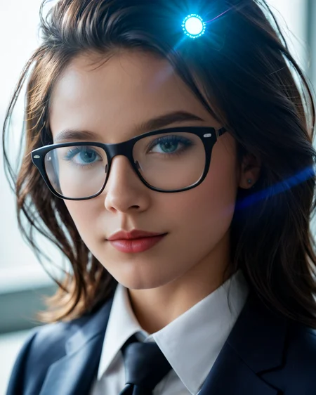 score_9, score_8_up, score_7_up, realistic,   <lora:ccbelle_v1:0.5>, Professional photo. 1Girl. Curious expression, eyes focused on data, laboratory setting with digital screens. Nerdy hair style. Soft highly detailed beautiful expressive eyes, smooth skin with a slight glow under artificial light. Sleek smart-casual attire with futuristic digital glasses, surrounded by floating holographic data and 3D molecular models. Warm light reflecting off screens. Close-up, face focus. Photorealistic, Natural atmospheric lighting, intricate details, 35mm photograph, film, professional, 4k visuals, highly detailed, elegant, studio quality.