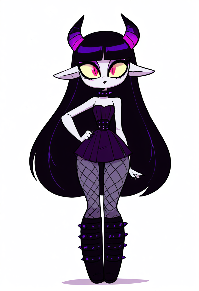 (masterpiece, best quality, good quality, very aesthetic, absurdres, newest:1.2),    1girl, solo, eyelashes, (beautiful eyes),   1girl, solo, long hair, black hair, purple and black hair, looking at viewer, horns, pointy ears, bangs, blunt bangs, slit pupils, yellow sclera, grey skin, makeup, eyeshadow, black lips, purple dress, black boots, knee boots, spikes, spiked collar, gothic, standing, full body, simple background, white background   ,      <lora:VampieNAI:0.8>, smile, hand on hip,  <lora:Diives_NAI:1.0>,