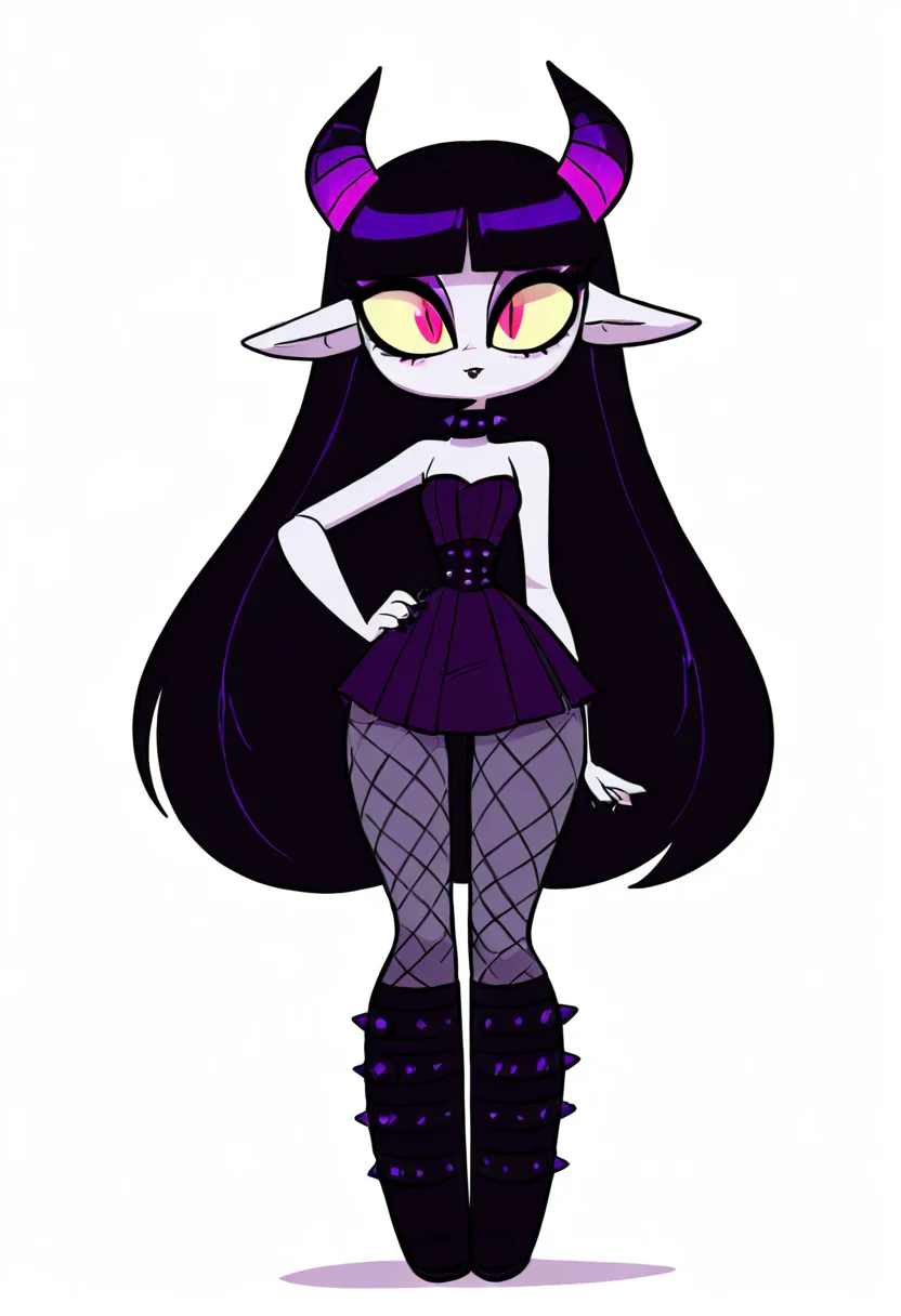 (masterpiece, best quality, good quality, very aesthetic, absurdres, newest:1.2), 1girl, solo, eyelashes, (beautiful eyes), 1girl, solo, long hair, black hair, purple and black hair, looking at viewer, horns, pointy ears, bangs, blunt bangs, slit pupils, yellow sclera, grey skin, makeup, eyeshadow, black lips, purple dress, black boots, knee boots, spikes, spiked collar, gothic, standing, full body, simple background, white background , <lora:VampieNAI:0.8>, smile, hand on hip, <lora:Diives_NAI:1.0>,
