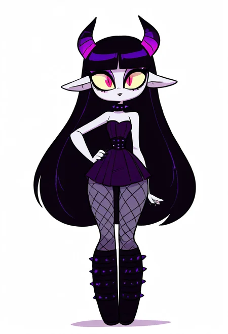 (masterpiece, best quality, good quality, very aesthetic, absurdres, newest:1.2), 1girl, solo, eyelashes, (beautiful eyes), 1girl, solo, long hair, black hair, purple and black hair, looking at viewer, horns, pointy ears, bangs, blunt bangs, slit pupils, yellow sclera, grey skin, makeup, eyeshadow, black lips, purple dress, black boots, knee boots, spikes, spiked collar, gothic, standing, full body, simple background, white background , <lora:VampieNAI:0.8>, smile, hand on hip, <lora:Diives_NAI:1.0>,