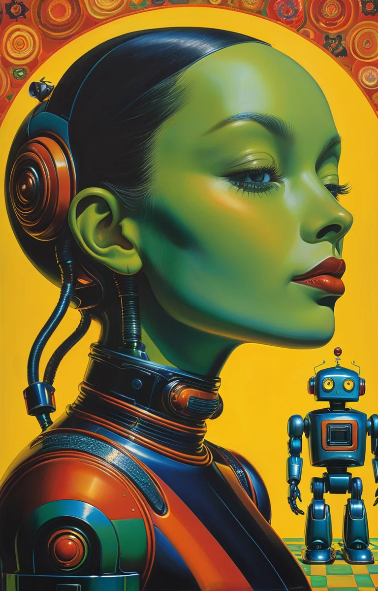 masterpiece,best quality,<lora:tbh332-sdxl:0.6>,illustration,style of Ed Paschke portrait of Housework robots