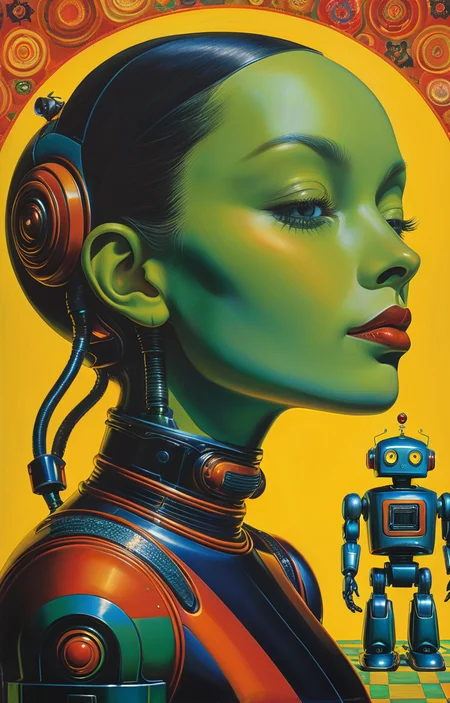 masterpiece,best quality,<lora:tbh332-sdxl:0.6>,illustration,style of Ed Paschke portrait of Housework robots