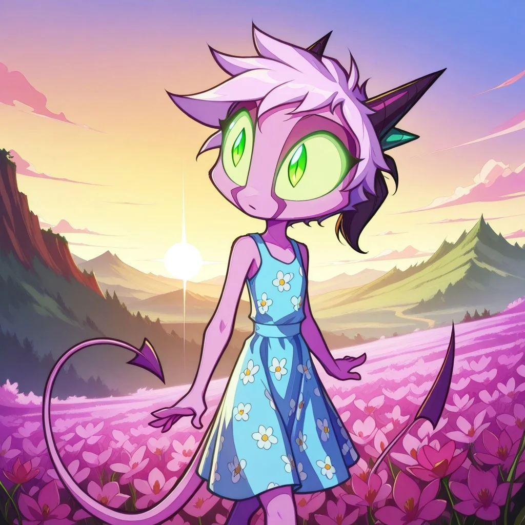 Dreamkeepers,1girl,Prelude_Namah,solo,demon tail, green eyes, horns, 
child, kid,
Mh1$AgThS2, intricate linework with expressive contrasts, soft lighting with dynamic highlights,  in a floral-pattern summer dress looking at a rusted antiquated oilfield with oil derricks, landscape, sunset. Impressionistic, ligne claire outlines for clarity and structure, In the style of ff-td
