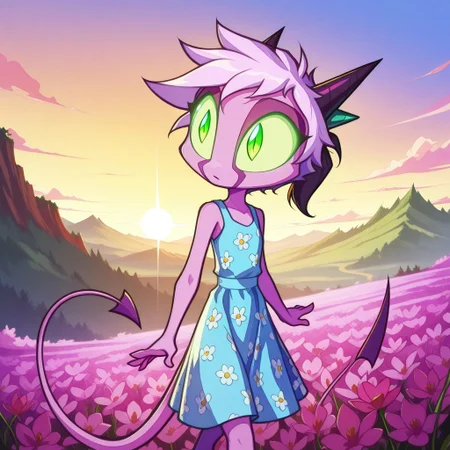 Dreamkeepers,1girl,Prelude_Namah,solo,demon tail, green eyes, horns,
child, kid,
Mh1$AgThS2, intricate linework with expressive contrasts, soft lighting with dynamic highlights, in a floral-pattern summer dress looking at a rusted antiquated oilfield with oil derricks, landscape, sunset. Impressionistic, ligne claire outlines for clarity and structure, In the style of ff-td