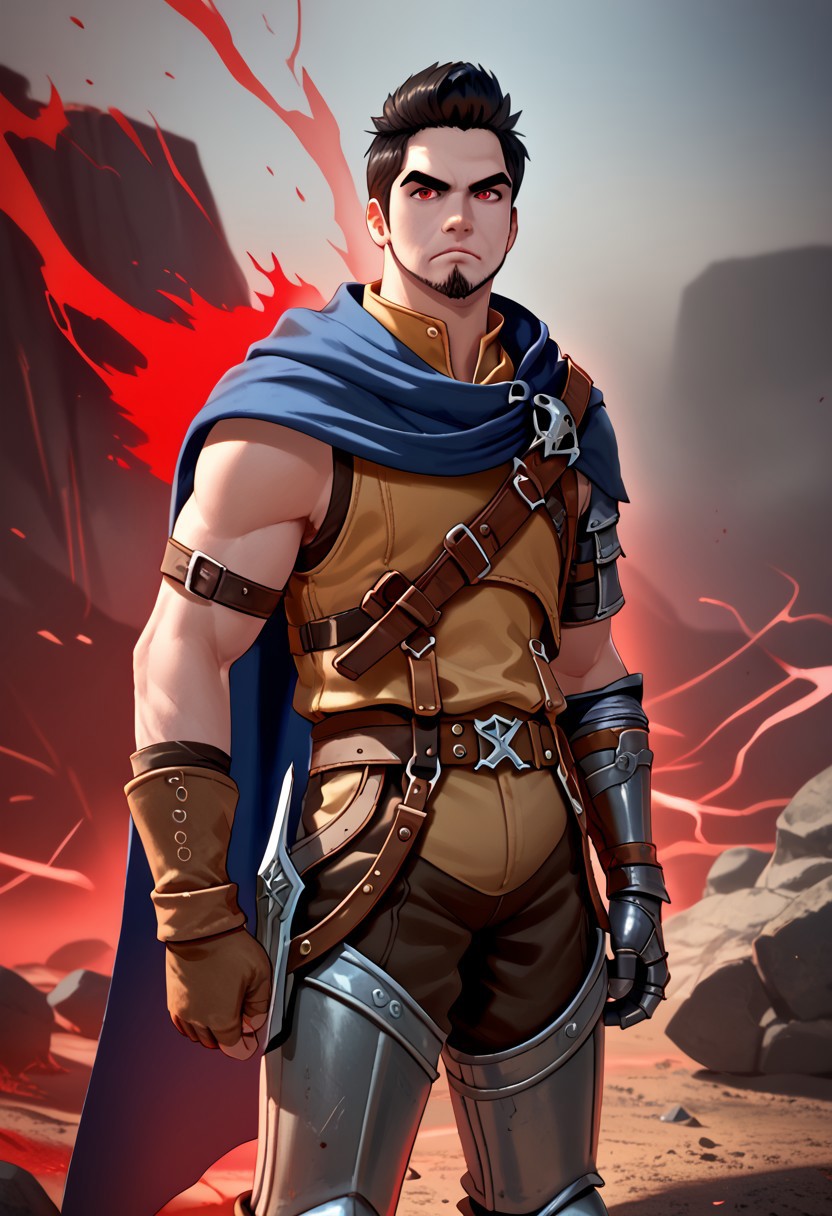 score_9, score_8_up, score_7_up, bdo_warrior, anime image, 1man, 1boy, upper body, slashing sword, red energy, smoke, short black hair, facial hair, thick eyebrows, red eyes, Trailblazer outfit, brown armor, belt over chest, metal gauntlet and leather glove, blue cape, background of dirt and rocks
