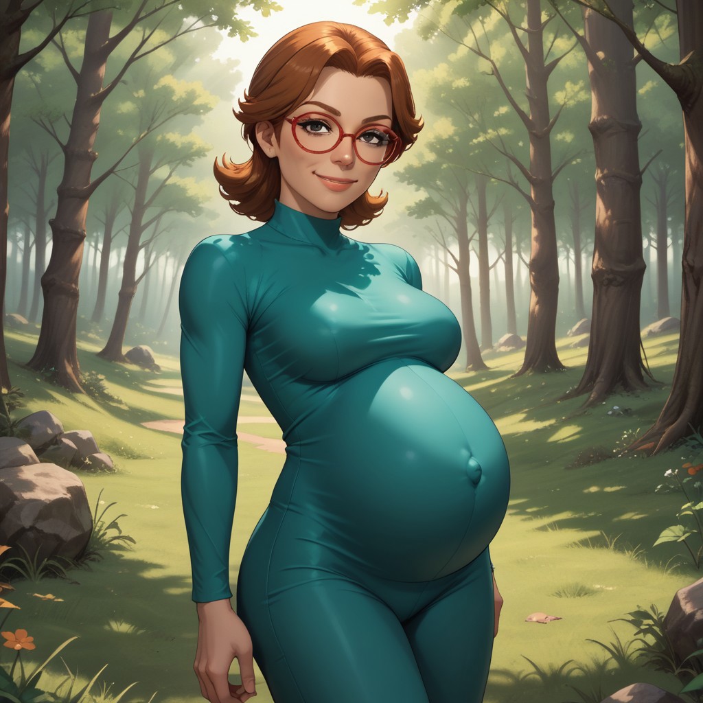 score_9, score_8, BREAK, solo, wii, mii, wii sports, 1girl, female mii, black eyes, auburn hair, brown eyebrows,  red glasses, lips, dark green clothing, black pants, shoes, nintendo mii, modern_mii, classic_mii, breasts, yoshi_(wii_sports), adult female, mature female, breasts, (((pregnant))), sexy pose, self portrait, smile, outdoors, sunlight, shadows, evening lighting, natural lighting, forest, trees, grass, orange sky, sunset