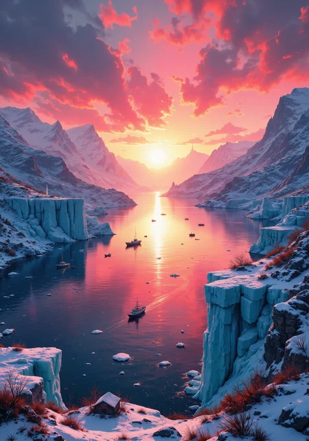 A breathtaking winter sunset over a partially frozen fjord, where cascading ice formations meet dark teal waters. Dramatic flamingo pink and electric tangerine sky gradients reflect across crystalline ice structures, creating a mirror-like double horizon effect. Cold-resistant vegetation dots shoreline edges with muted sage accents. Traditional northern fishing vessels silhouetted against the blazing sky, tiny beacons of human presence. Cirrostratus clouds painted with dynamic brush strokes in a neo-expressionist style, textural and bold. Distinct sun pillar phenomenon extends vertically from the setting sun, refracting through ice crystals in the atmosphere. Volumetric god rays burst through gaps in distant mountains, casting long purple shadows across the frozen landscape. Hyper-realistic optical phenomena including light crepuscular rays and sun dogs. Ultra-detailed environment captured in 8K resolution with photogrammetry precision, emphasizing the interplay between glacial translucency and fading daylight. <lora:aidmaFLUXPro1.1-FLUX-v0.3:0.5> <lora:Organic Sauce - FLUX:0.1> <lora:It's a LoRA for portraits, BUT! actually specialized in backgrounds. v1.0:0.4> <lora:Mezzotint_Artstyle_for_Flux_-_by_Ethanar:0.3> <lora:sxz-Dark-Fantasy-v2-Flux:0.6> <lora:flux_dev:1>