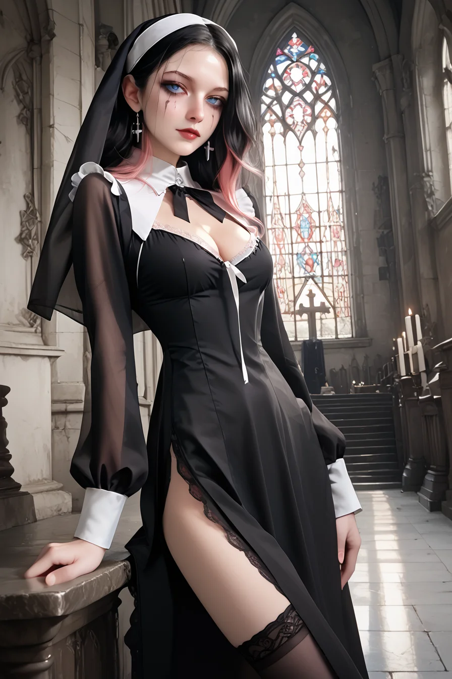 1girl, black hair with pink highlights, blue eyes, petite, slim, sexy, goth makeup, cleavage, round breasts, <lora:nun_pony_V1.0:1> nun, thighhighs, cleavage, long sleeves, black dress, standing in a cathedral, <lora:gg3:0.8> goth girl, (see through) dutch angle, score_9, score_8_up, score_7_up, score_6_up, score_5_up, score_4_up, <lora:062483P:0.8> 062483P, woman, medium breasts, 24 years old,